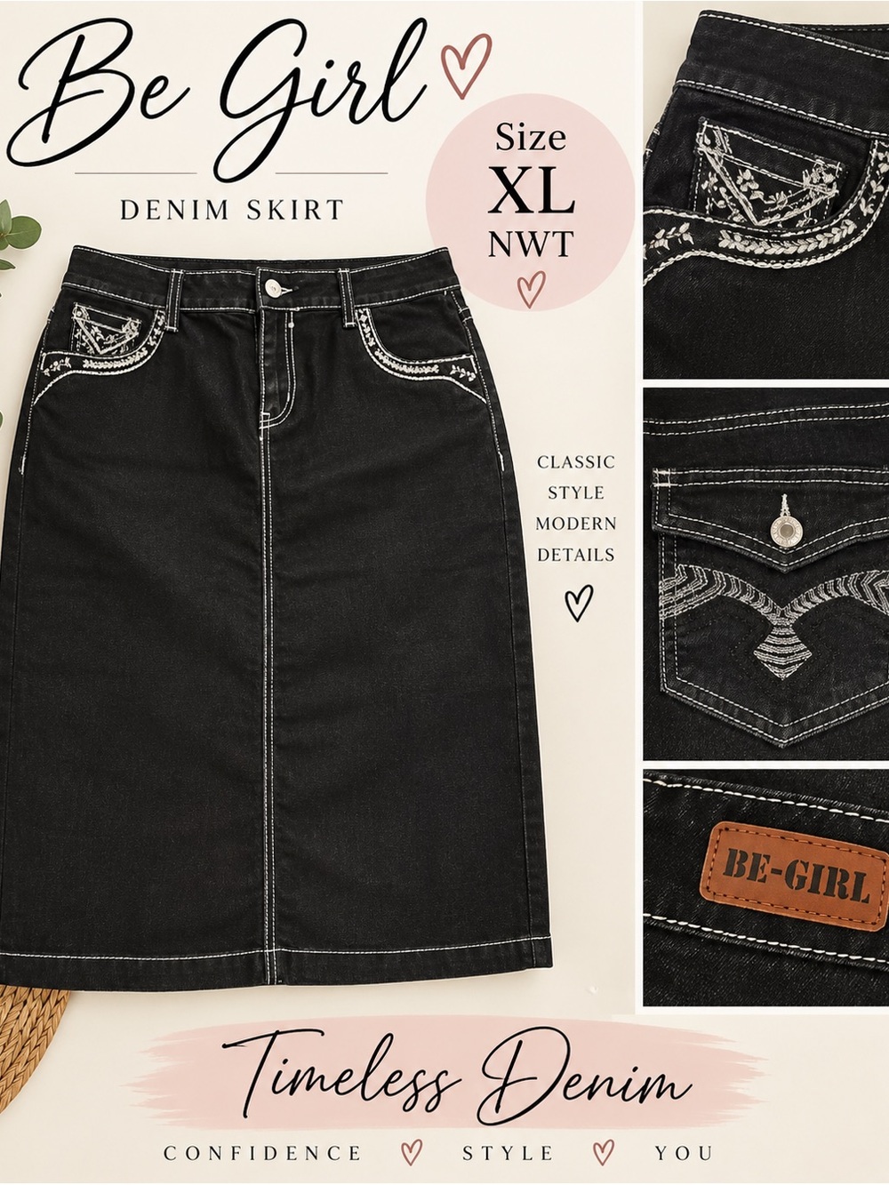 BE-GIRL Black Modest Denim Skirt XL NWT Contrast Stitching